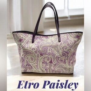 ETRO Purple Paisley Leather Large Tote Bag
